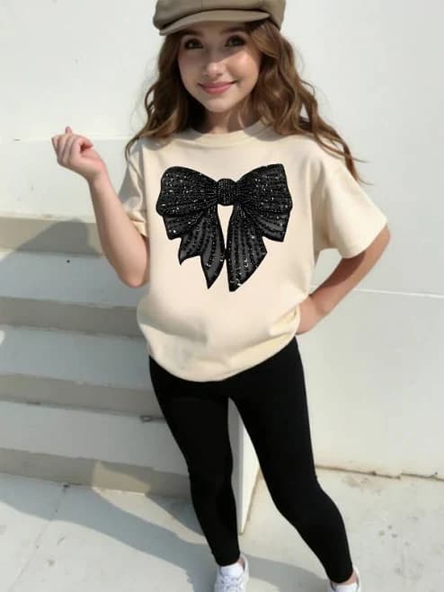 SHEIN Kids Regular Fit Knitted Bow Graphic Print T-Shirt and Leggings Set