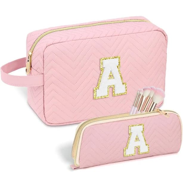 Personalized Initial Cute Makeup Bag Pink Cosmetic Bag Travel Toiletry Bag, Trendy Stuff Leather Waterproof Makeup Organizer Case Birthday