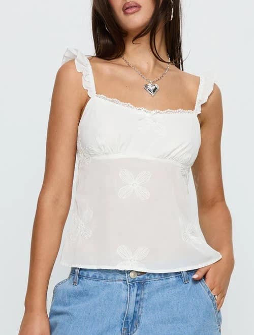 Princess Polly Women's Madaleine Floral Embroidered Ruffle Strap Top