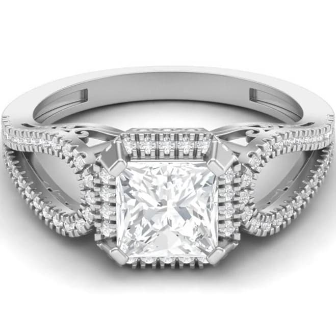 Sterling Silver Moissanite Double Halo Split Shank Ring