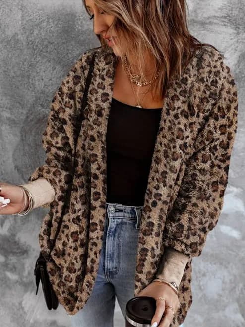 Fuzzy Leopard Hooded Long Sleeve Jacket
