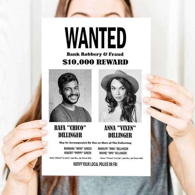 Wanted Poster Black and White Personalized, Digital Print, Custom Wanted Poster for 1 or 2 people, Mafia Gangsters Decorations
