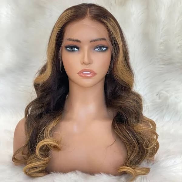 Brown Blonde Long Wavy 100% Human Hair Lace Front Wigs Long Glueless