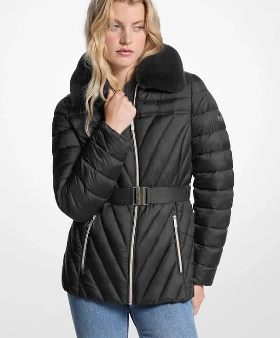 MICHAEL Michael Kors Women's Faux Fur Trim Packable Nylon Puffer Jacket