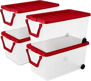 4-Pack 160 Quart Wheeled Storage Box, Seasonal Holiday Clear Organizer Bins, Red – Portable Heavy-Duty Plastic Containers with Handle and Wheels for Home and Garage Organization