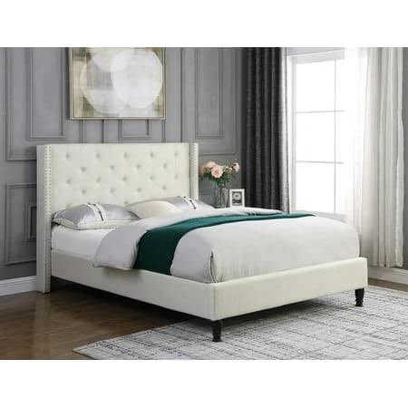 OLIVER & SMITH SINCE 1921 Full Upholstered Platform Bed Frame with Button Tufted Headboard, Light Beige Linen Fabric, Wood Slats, 51 Inch Tall