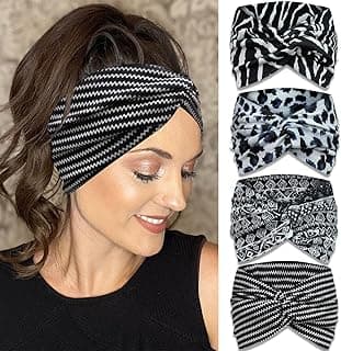 IVARYSS Extra Wide Boho Headbands for Women Non-Slip, 7'' Large Twist Knotted Stretchy Wraps Head Bands Hair Accessories, 4 Pack, White and Black