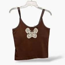 Y2K Cami Tank Top Brown Lace Butterfly Sequin Shelf Bra Womens M Spaghetti Strap