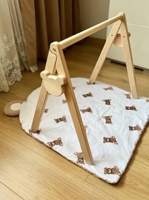 Handmade Wooden Baby Gym with Boucle Toys & Teddy Play Mat