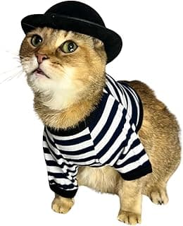 Tough Guy Cat Costume – Large Black Bowler Hat with Striped Shirt for Cats and Small Pets, Funny Pet Outfit for Halloween, Parties, and Photoshoots