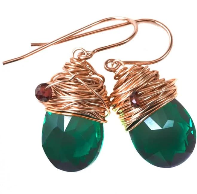 Spyglass Designs Wire Wrapped Earrings created with Green Emerald Crystals 14k Solid Gold or Sterling Silver Dangles Drops