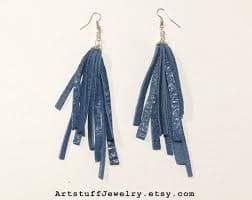 Blue Leather Fringe Long Tassel Earrings - Etsy