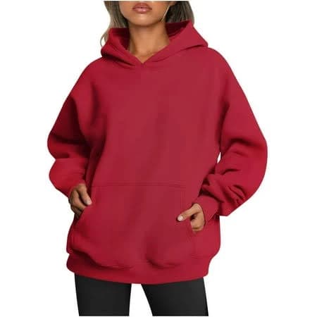 Titcea Hoodies for Women Oversized Solid Color Long Sleeve Fleece Sweatshirt Trendy Pullover Sweaters with Pockets, Women's, Size: Medium, Red
