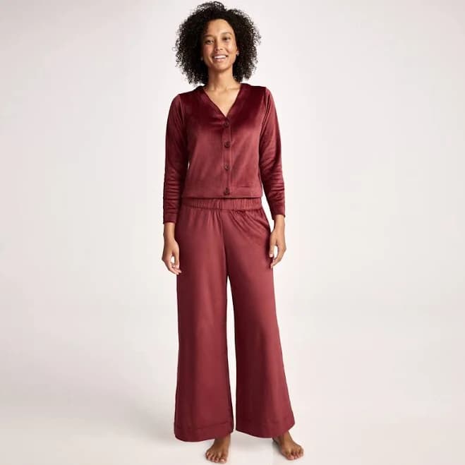 Jockey Women's Velour Button Top and Wide Leg Pant Sleep Set
