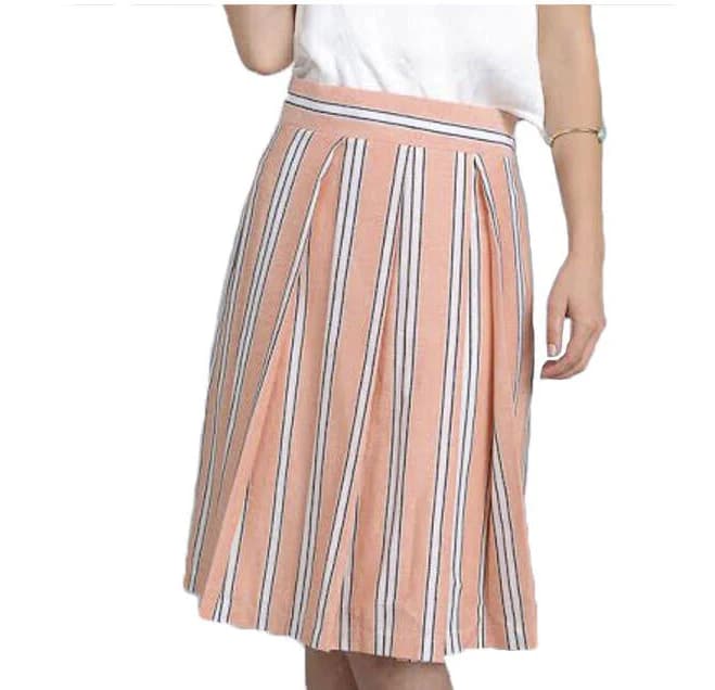 Cotton Flared Full Skirt with Stripes & Pleats