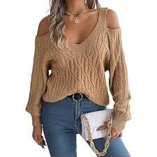 LANYO LILI Womens Long Sleeve V Neck Ribbed Knit Pullover Sweater Soft Off-The-Shoulder Knit Tops (US, Alpha, Small, Regular, Regular, Brown) at Amazon Women's Clothing store