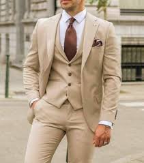 Men Beige 3 Piece Notch Lapel Formal Party Groom Prom Dinner Tuxedo Wedding Suit | eBay