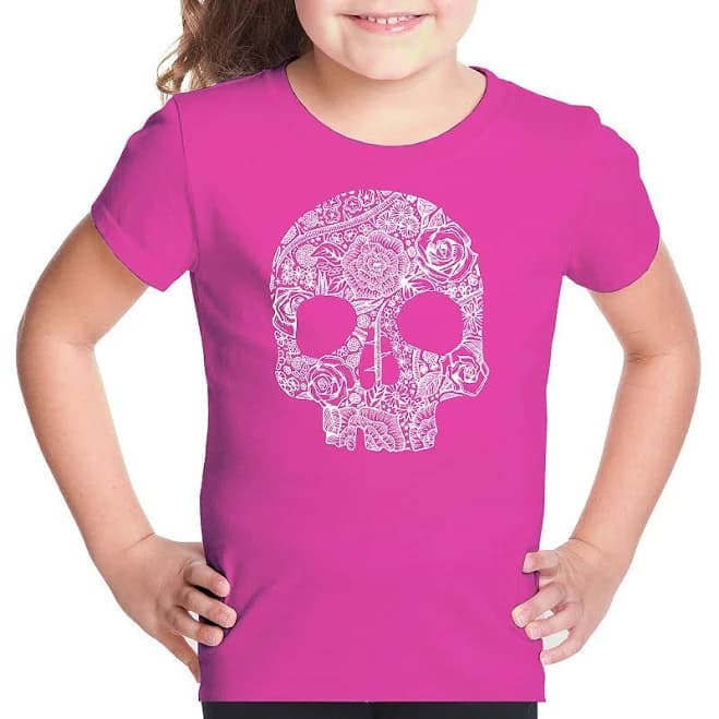 La Pop Art Girls' Flower Skull Word Art T-Shirt