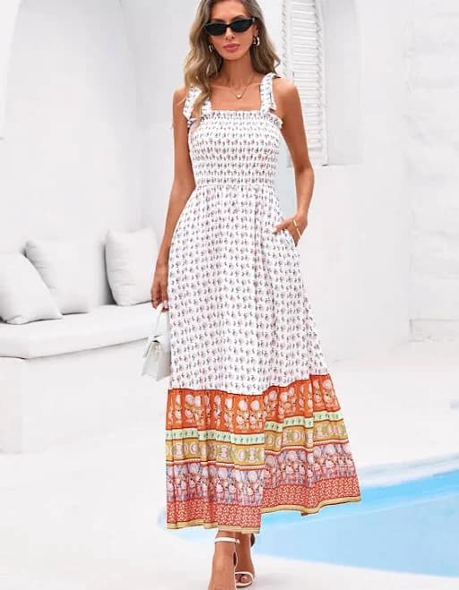 Prettygarden Women's Tie Strap Smocked Boho Maxi Dress with Pockets