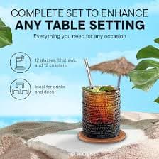Amazon.com | 12 OZ Hobnail Drinking Set of 12 – Vintage Embossed Glassware, Textured Tumblers for Water, Beer, Cocktails, Mocktails, Whiskey & More – Includes Straws and Coasters – Smokey Gray: Mixed Drinkware Sets