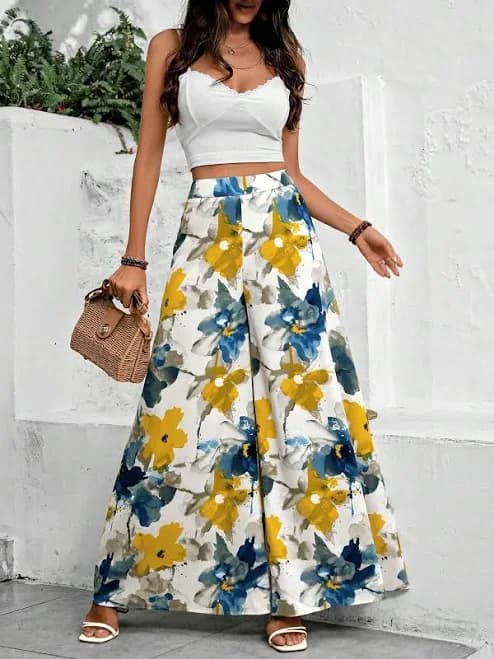 SHEIN Women's Boho Floral Loose Fit Wide Leg Pants