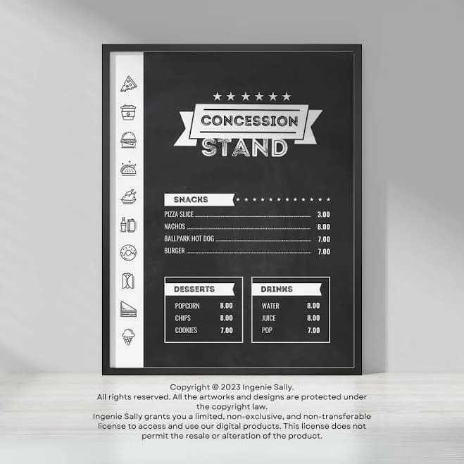 Concession Stand Menu Sign Template for Fast Food Pizza Burger Sandwich Ice Cream Juice Cafe Breakfast Drive Thru Food Truck Chalkboard