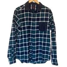 UntucKit Neely Button Down Plaid Flannel Denim Men's Green Blue White Shirt XL