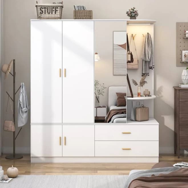 Modern Armoire Wardrobe Closet with Mirror and Sensor Light
