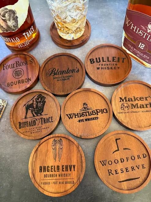 Laser Engraved Bourbon Coasters - Wood Coaster Set with Wire Rack