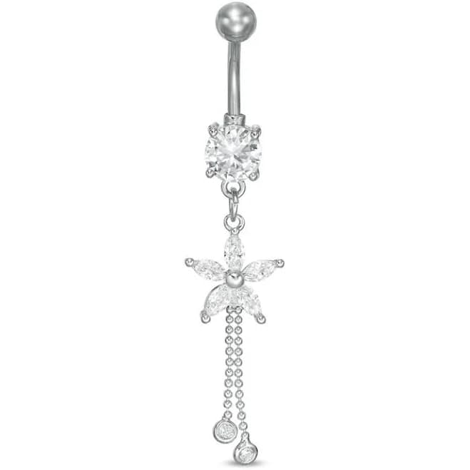 14g Stainless Steel CZ Marquise and Round Flower Dangle Belly Button Ring