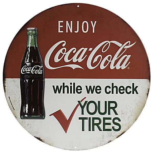 Coca-Cola & Tire Check Round Embossed Metal Sign
