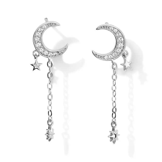 Sterling Silver CZ Crescent Moon and Star Dangle Earrings