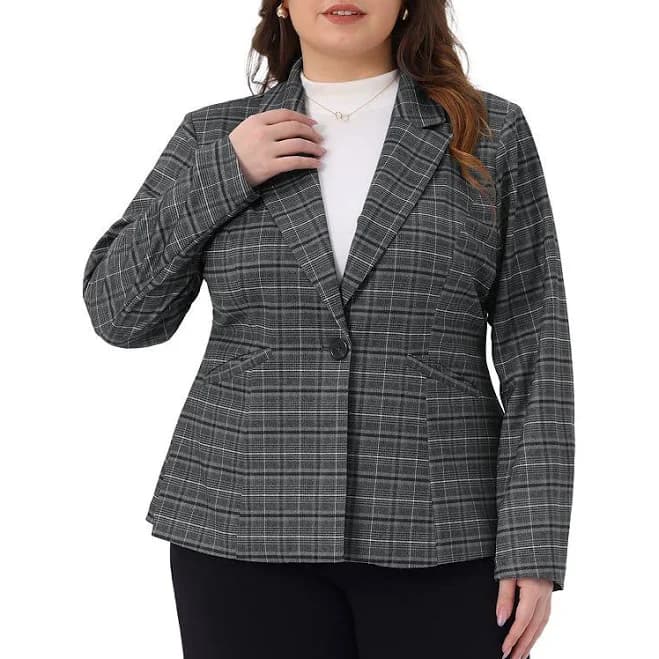 Women's Plus Size Blazers Business Casual Plaid Notched Lapel Long Sleeve Button Jacket with Pockets, Size: 2XL, Gray