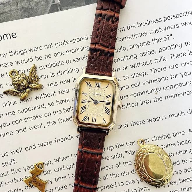 Vintage Women's Square Rectangular Quartz Watch with Brown Leather Strap
