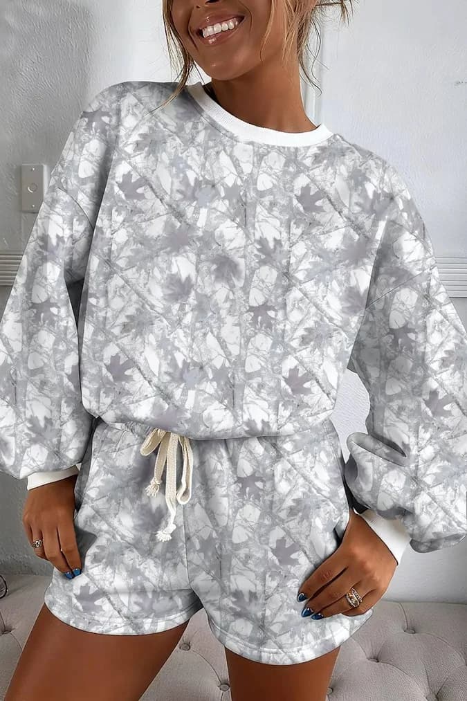 Trendsi Abstract Woodland Camo Print Baggy Pullover Shorts Set