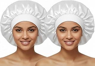 White Silk Bonnet for Sleeping Women Satin Hair Bonnets for Sleeping Curly Hair Large Silk Sleep Bonnet Cap 2 Pack Satin Night Cap