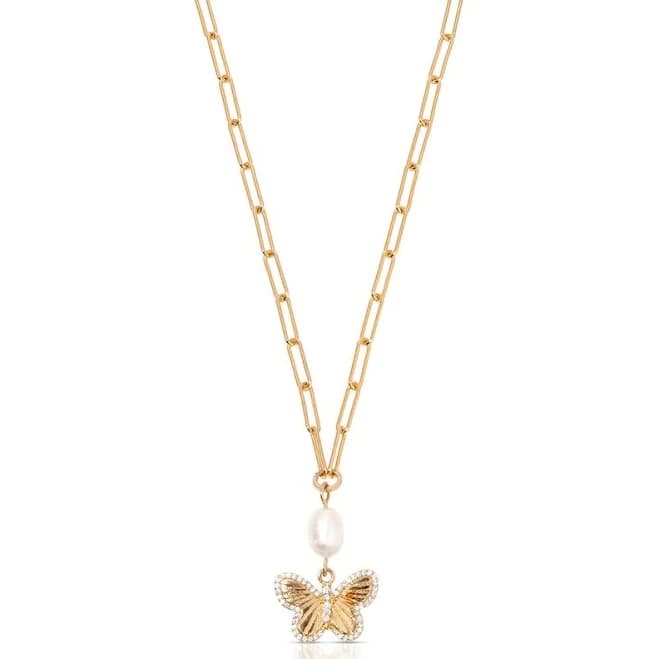 Ettika 18K Gold Plated Butterfly Cultured Pearl Chain Necklace