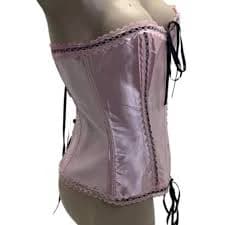 Pink and Black Size Large Vintage Corset with Lace Trim & Adjustable Ribbon