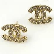 v696 Vintage 14k Yellow Chanel CC Logo Crystal Stud Pierced Earrings