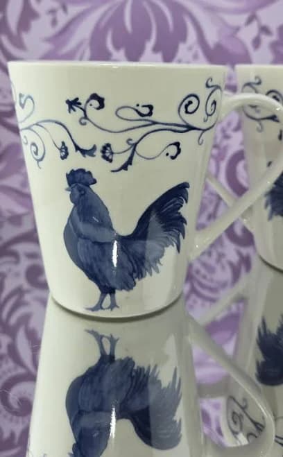 Toile Blue Rooster Mugs: Canterbury Country Set of 2