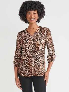 Jones New York Women's Long Sleeved V-Neck Pleated Satin Tunic