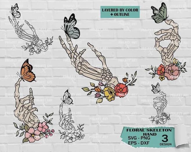 Floral skeleton hand Svg, Skeleton hand Svg, Hand with butterfly Svg, Bones finger Svg, Halloween cut file, File for cricut, comercial use