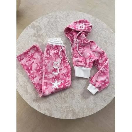 Panan Fashion Forward Camo Print Hooded Zip-Up Sweatshirt and Drawstring Sweatpants Set