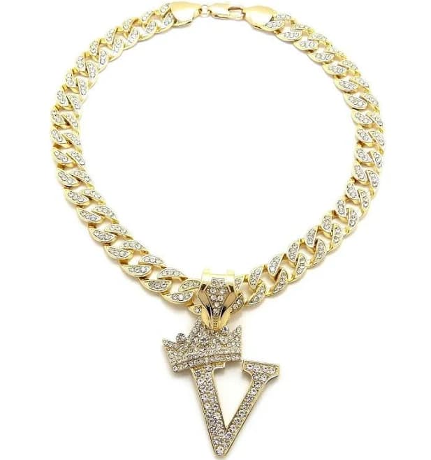 Crowned Initial Letter Crystals Pendant Gold-Tone Cuban Linked Chain Necklace