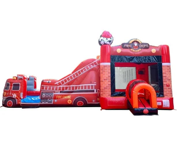 Bounce House World Mega Fire Truck Water Slide Bounce House Combo with Blower
