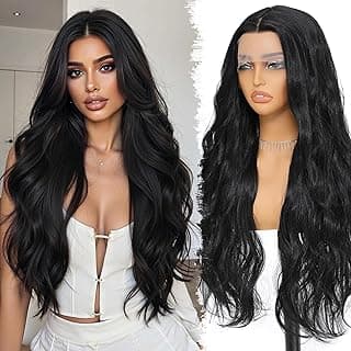 XC CLOUDS Black Synthetic Lace Front Wig 28 Inch Long Wavy Natural Wave Wigs 13×4×1 Pre Plucked Glueless Wig Synthetic Hair for Women Loose Body Wave With Natural