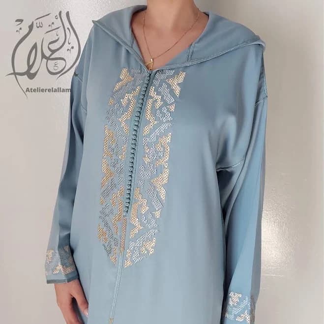 Moroccan ramadan blue jellaba Trendy cross stitch embroidery djellaba Moroccan dress for Eid al fitr 2025