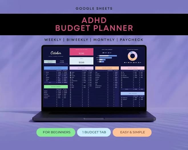 ADHD Budget Planner Google Sheets Debt, Bills & Savings Tracker Dark Mode ADHD Friendly