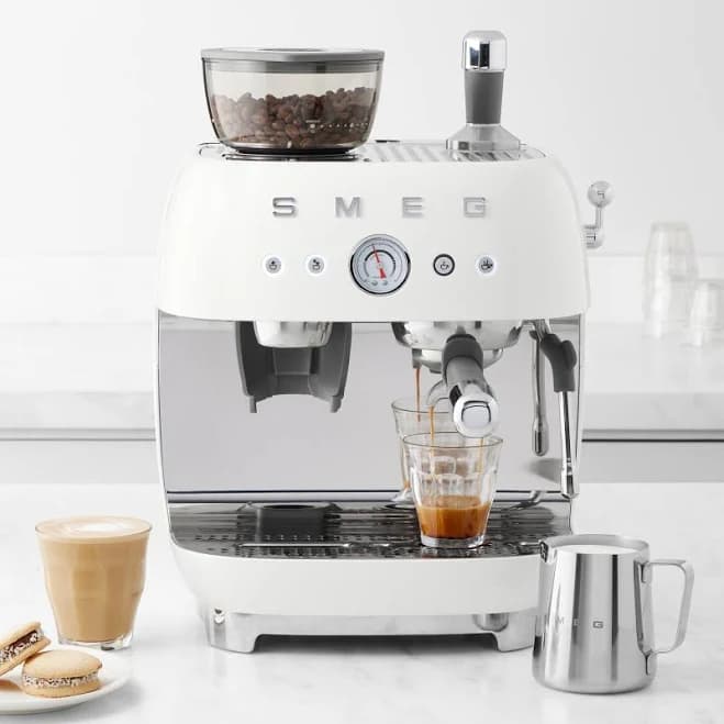 EGF03 Semi-Automatic Espresso Machine with Built-In Grinder, Dual Thermoblock, 50’s Retro Style – Cream (120 V)