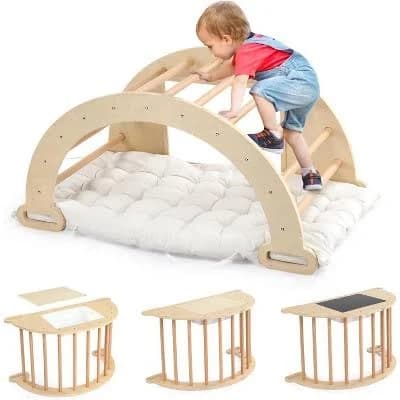 JOYMOR 5-in-1 Pikler Triangle Climber Arch Rocker Cushion Sensory Table Set for Kids